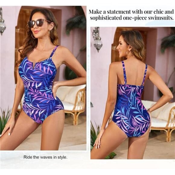 Women's Tummy Control One Piece Swimsuit V Wire Adjustable Strap Bathing Suit - Picture 5 of 6